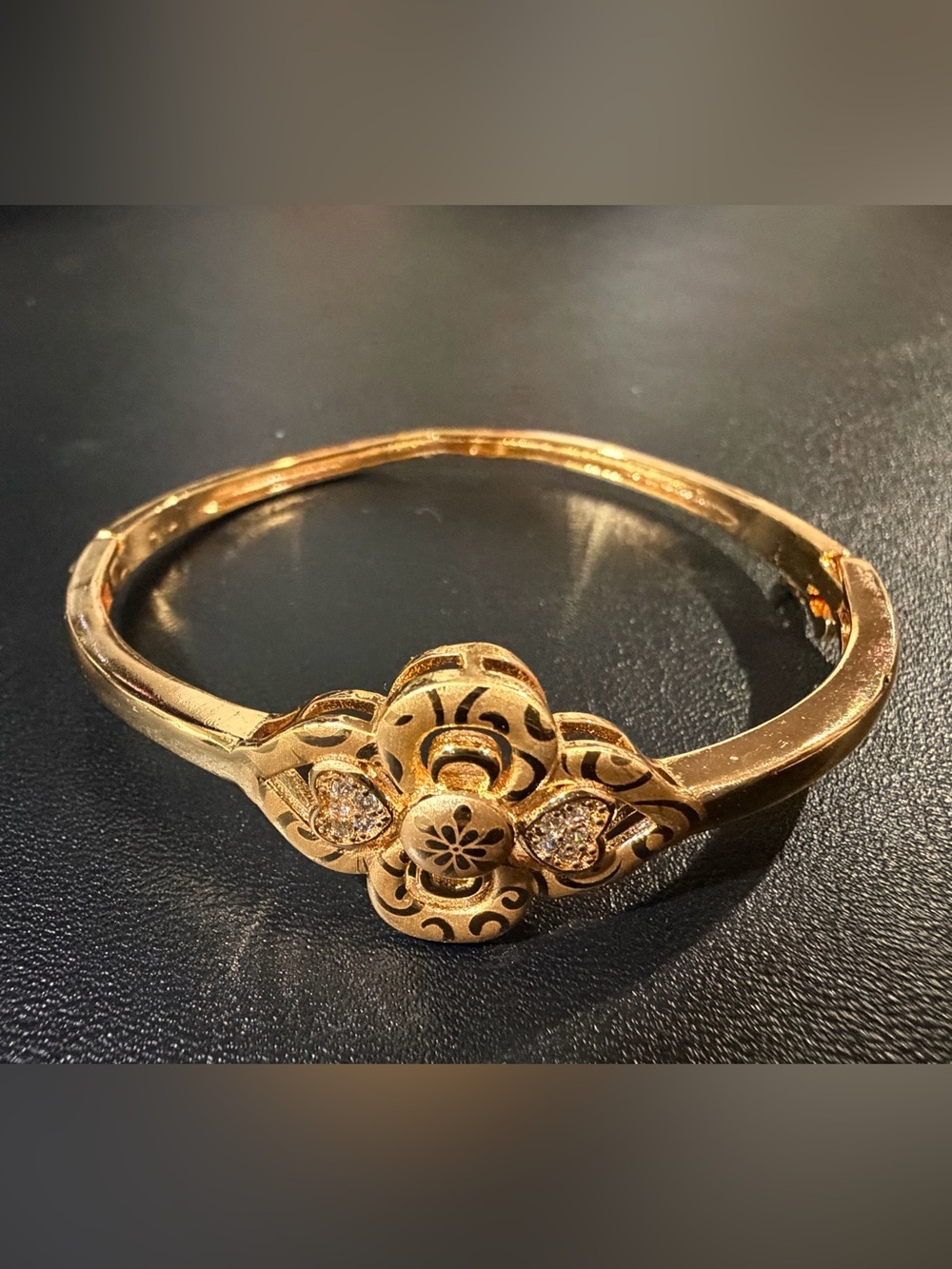 New Elegant Gold Floral Filigree Bangle Bracelet with Crystal Accents - Picture 2 of 5